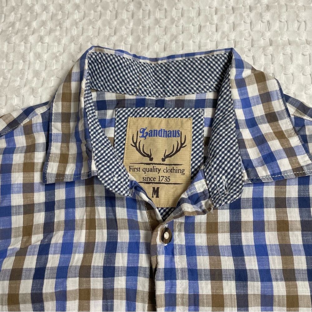 Landhaus‎ Shirt Medium Men’s Gingham Plaid Multi Long Sleeve Roll Tab Button Up